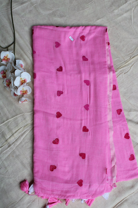 Pink Mul cotton saree with Heart Embroidery design