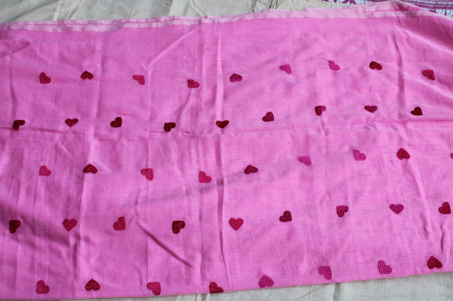 Pink Mul cotton saree with Heart Embroidery design
