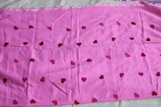 Pink Mul cotton saree with Heart Embroidery design