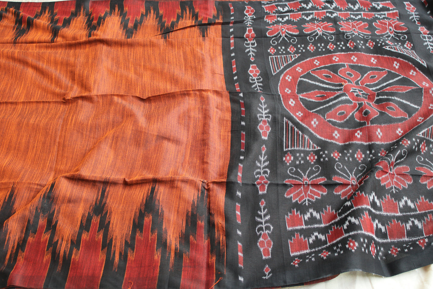 Rust Orange Slub cotton saree with temple design border