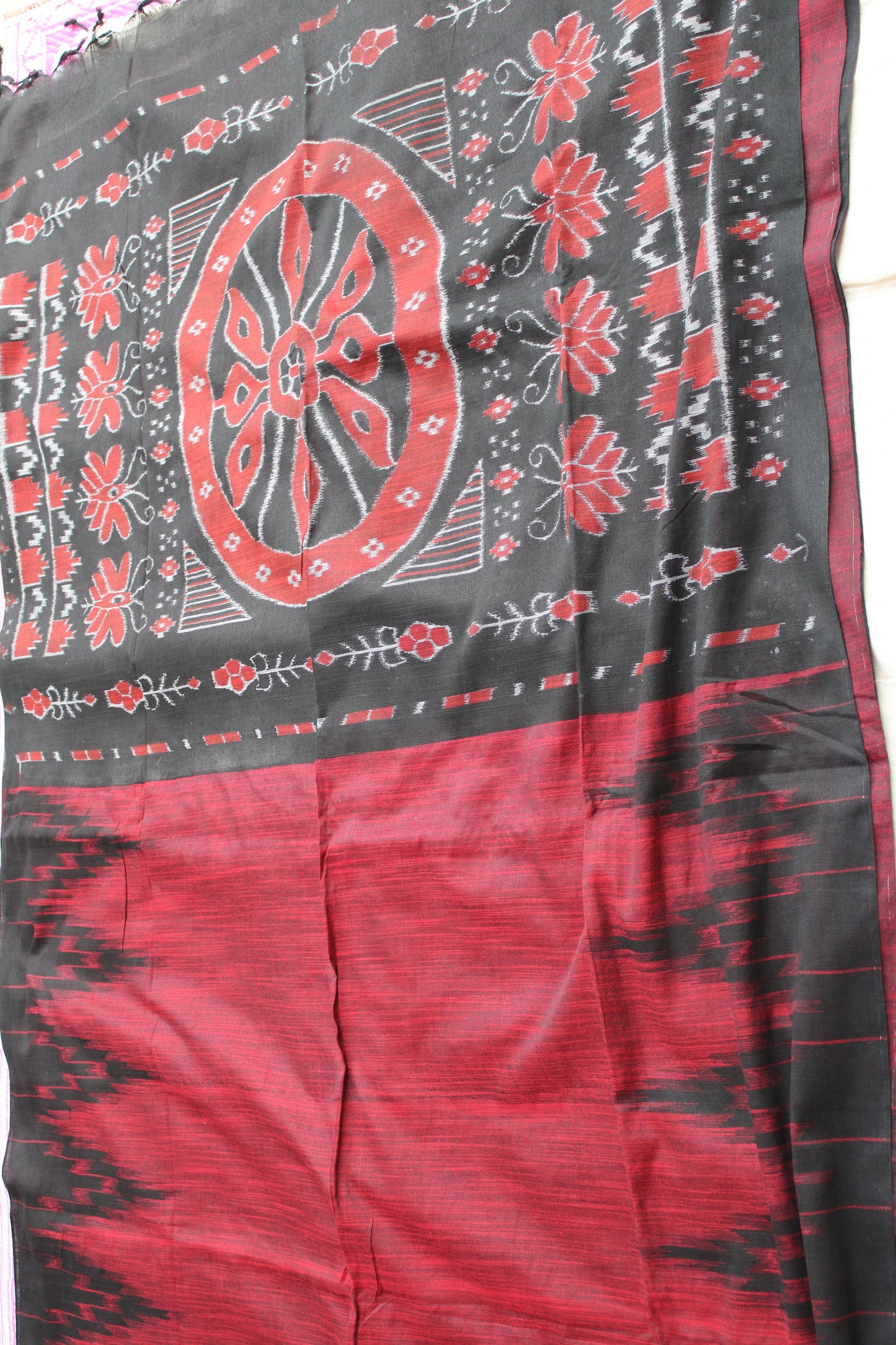 Red Slub cotton saree with temple design border