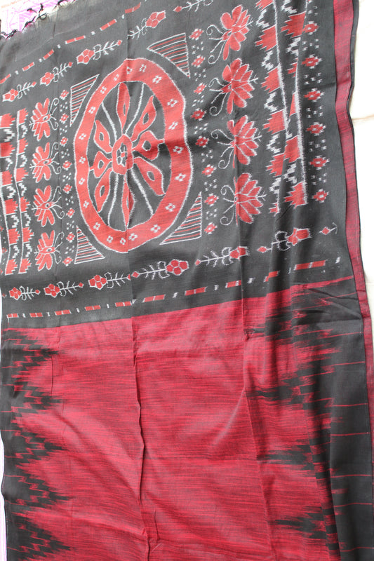 Red Slub cotton saree with temple design border
