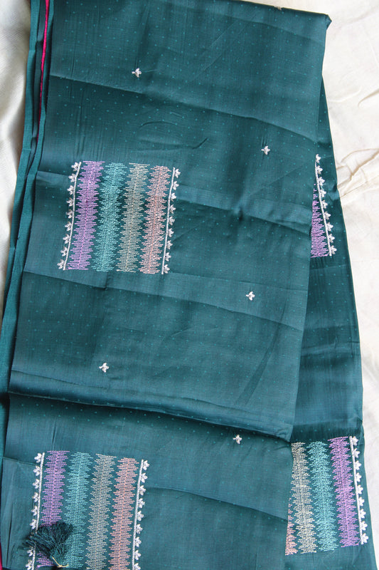 Green Dot Tusser Saree with Silver Embroidery design with Contrast Blouse