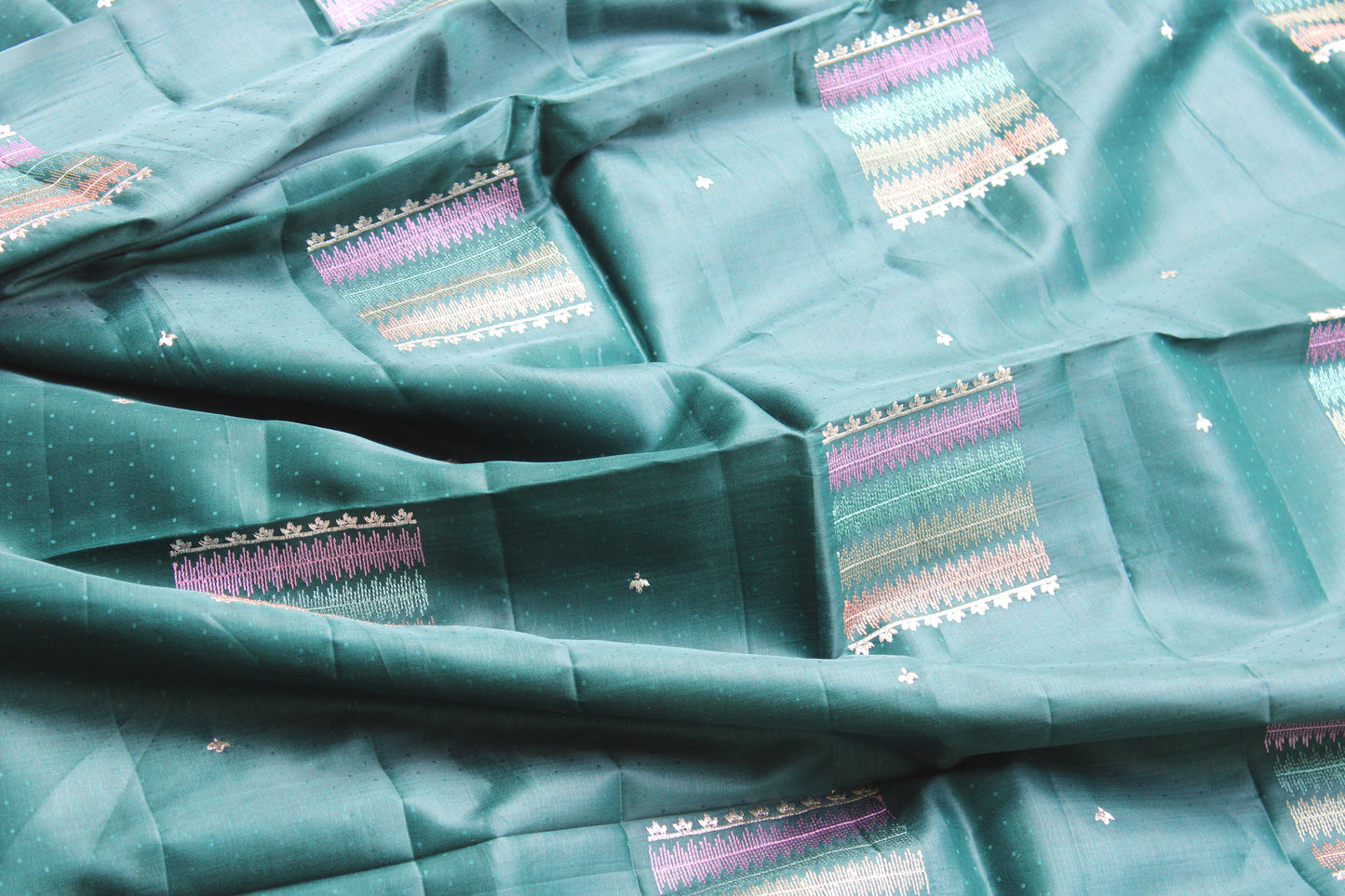 Green Dot Tusser Saree with Silver Embroidery design with Contrast Blouse