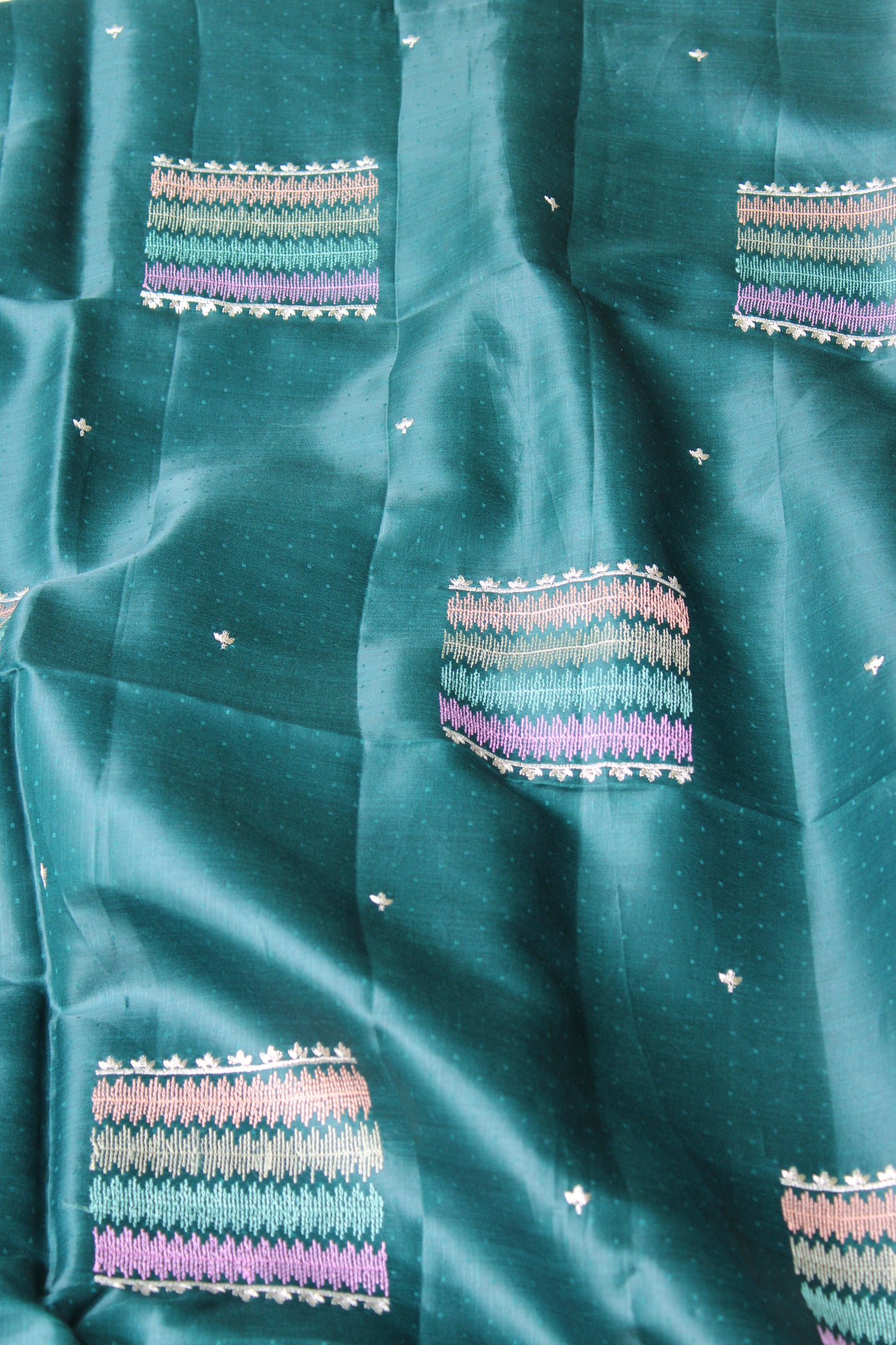 Green Dot Tusser Saree with Silver Embroidery design with Contrast Blouse