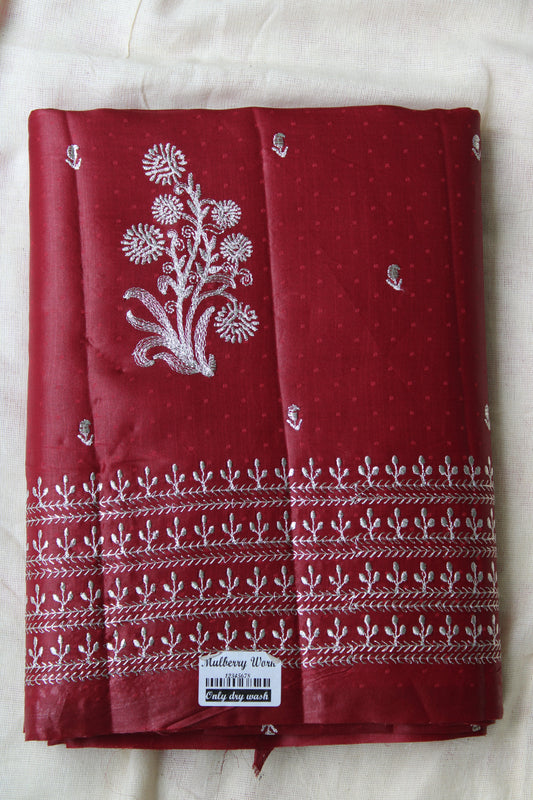 Maroon Dot Tusser Saree with Silver Embroidery design with Contrast Blouse
