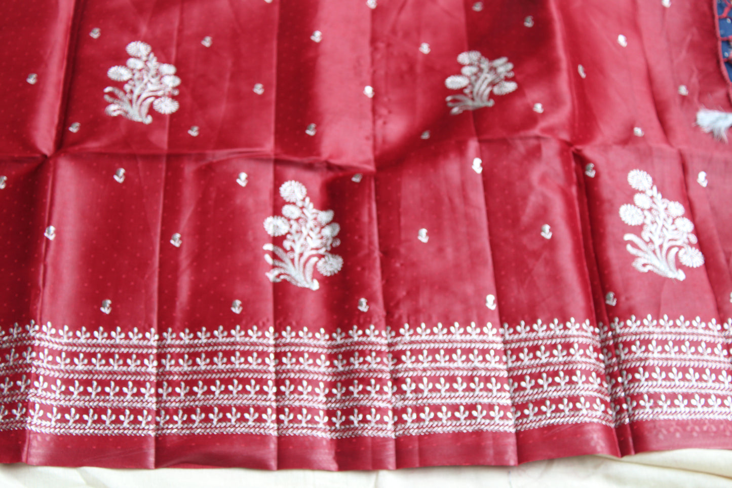 Maroon Dot Tusser Saree with Silver Embroidery design with Contrast Blouse