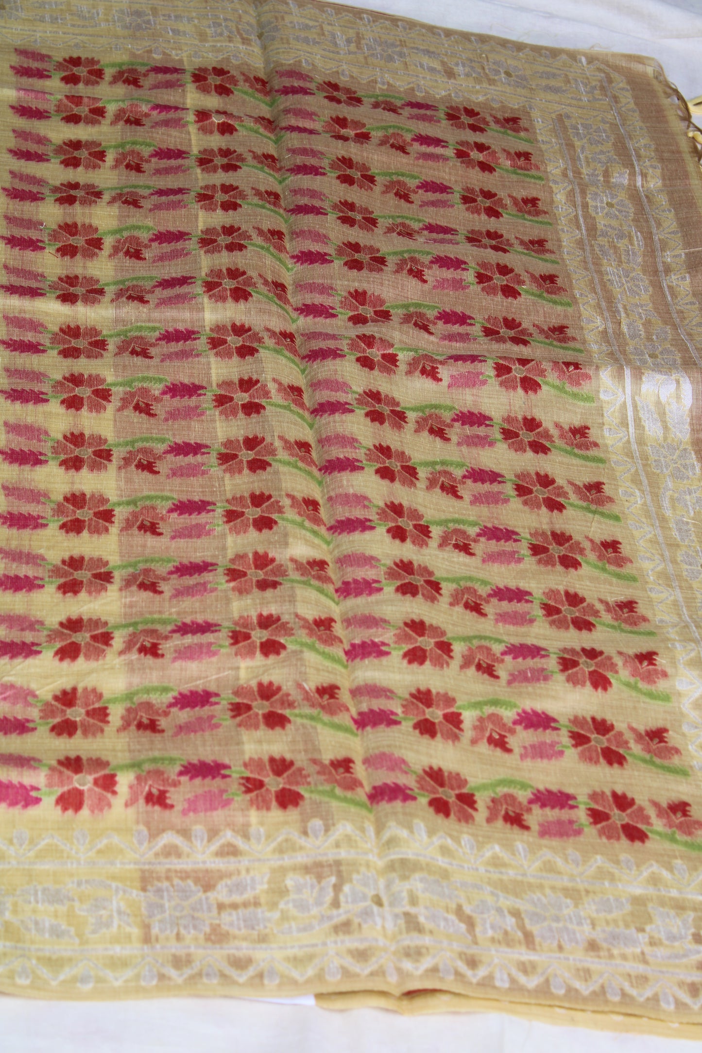 Light Mustard Yellow Chanderi Saree with  White Zamdani weaving border
