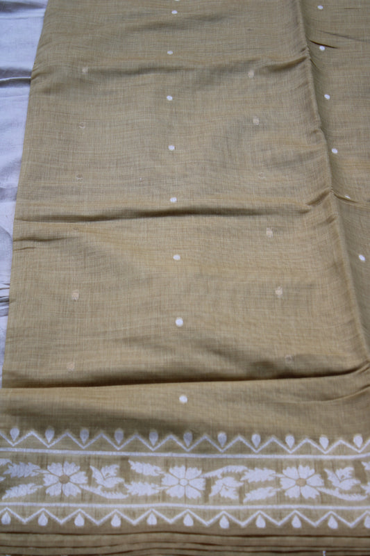 Light Mustard Yellow Chanderi Saree with  White Zamdani weaving border