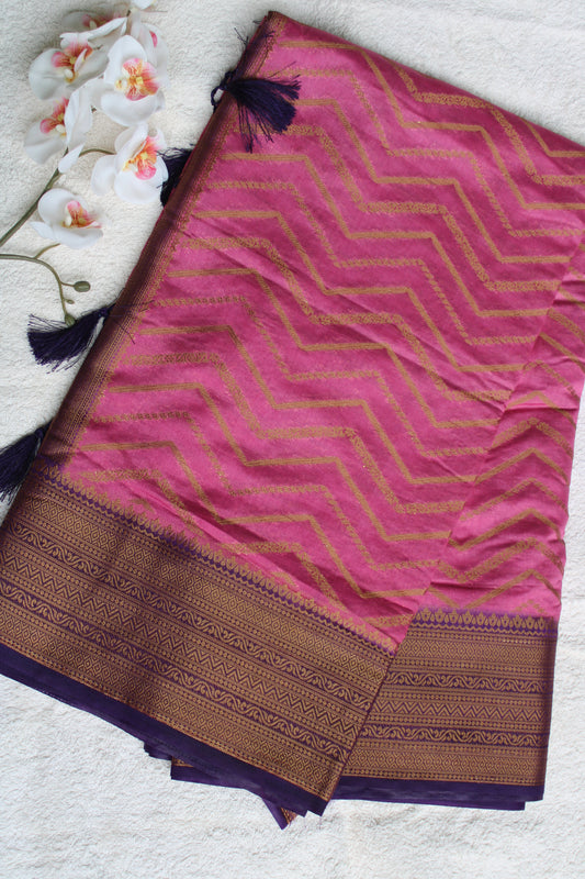 Pink Zari woven saree with contrast brocade blouse