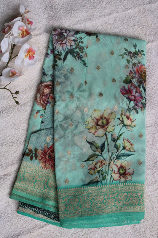 Pastel Blue Kaddi Georgette Saree with digital prinit