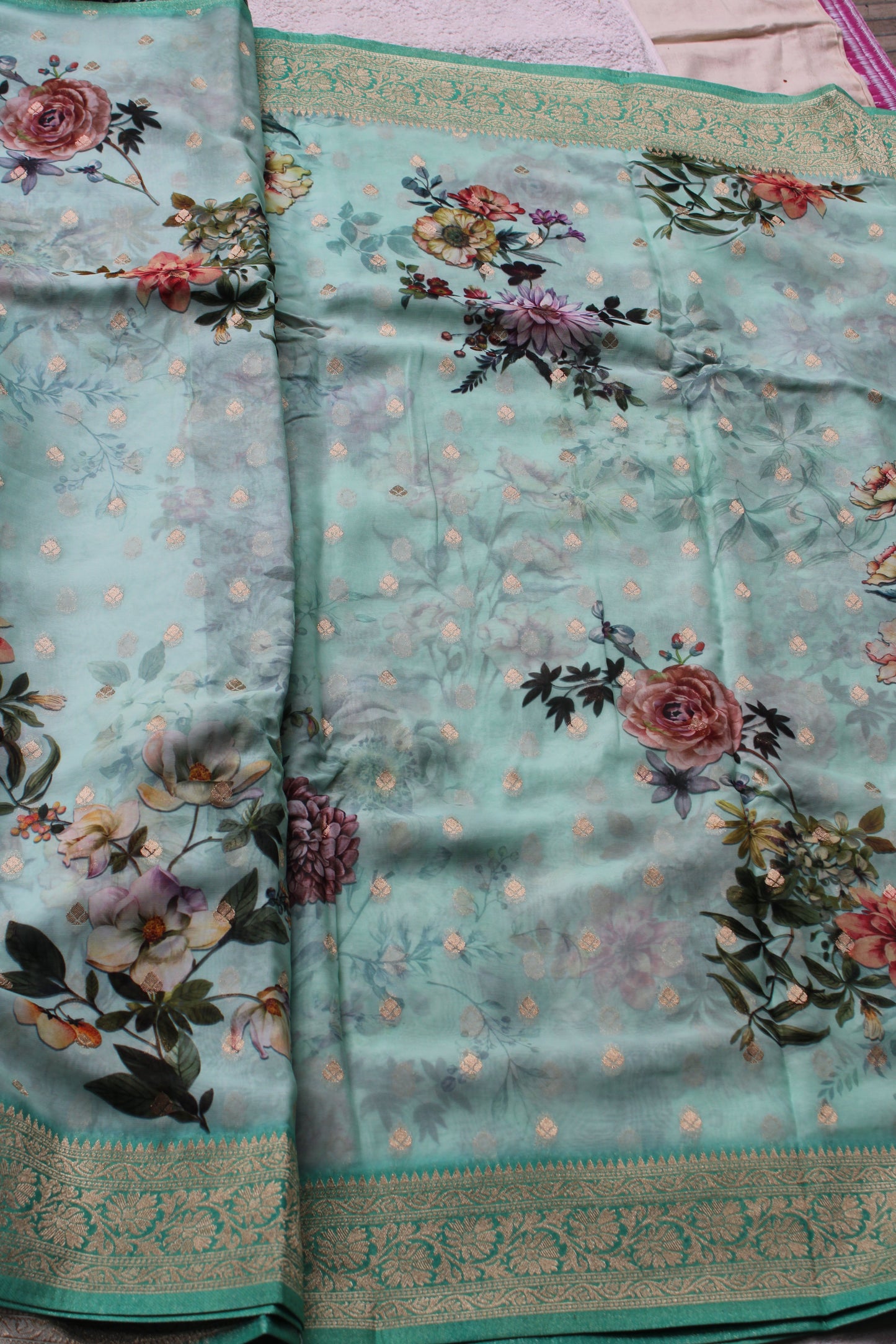 Pastel Blue Kaddi Georgette Saree with digital prinit