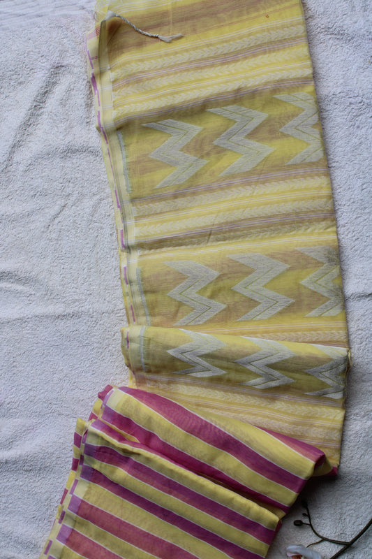 Yellow with Pink vertical stipes cotton silk saree with Zamdani weaving Pallu