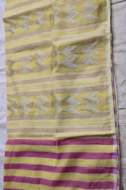 Yellow with Pink vertical stipes cotton silk saree with Zamdani weaving Pallu