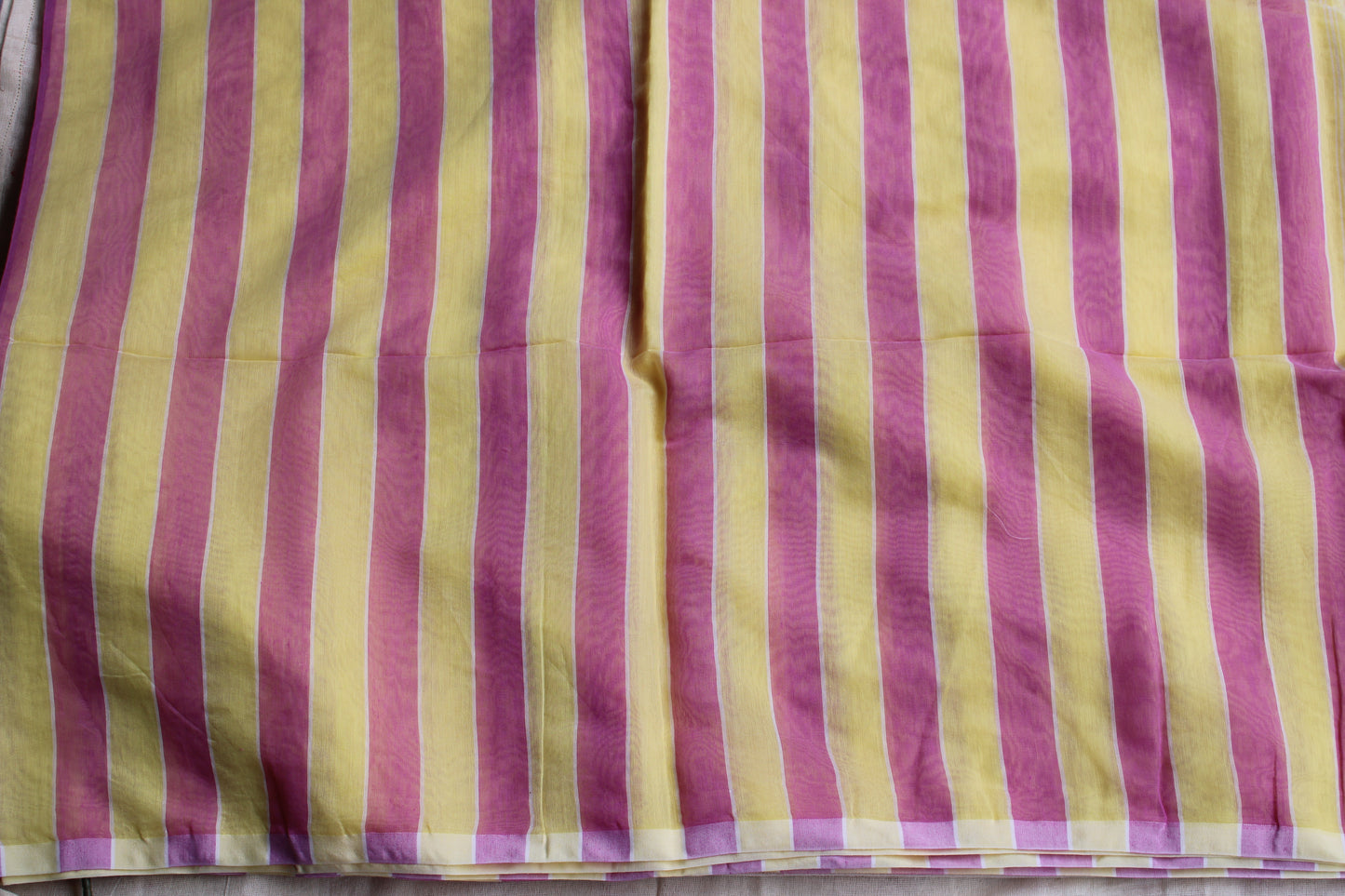 Yellow with Pink vertical stipes cotton silk saree with Zamdani weaving Pallu