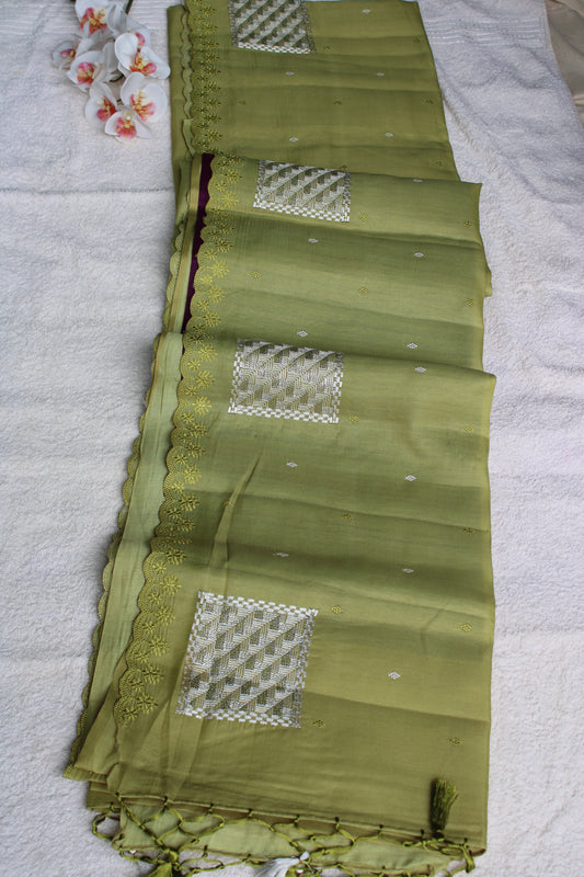 Green Soft Tusser Saree with geometric embroidery Contrast blouse
