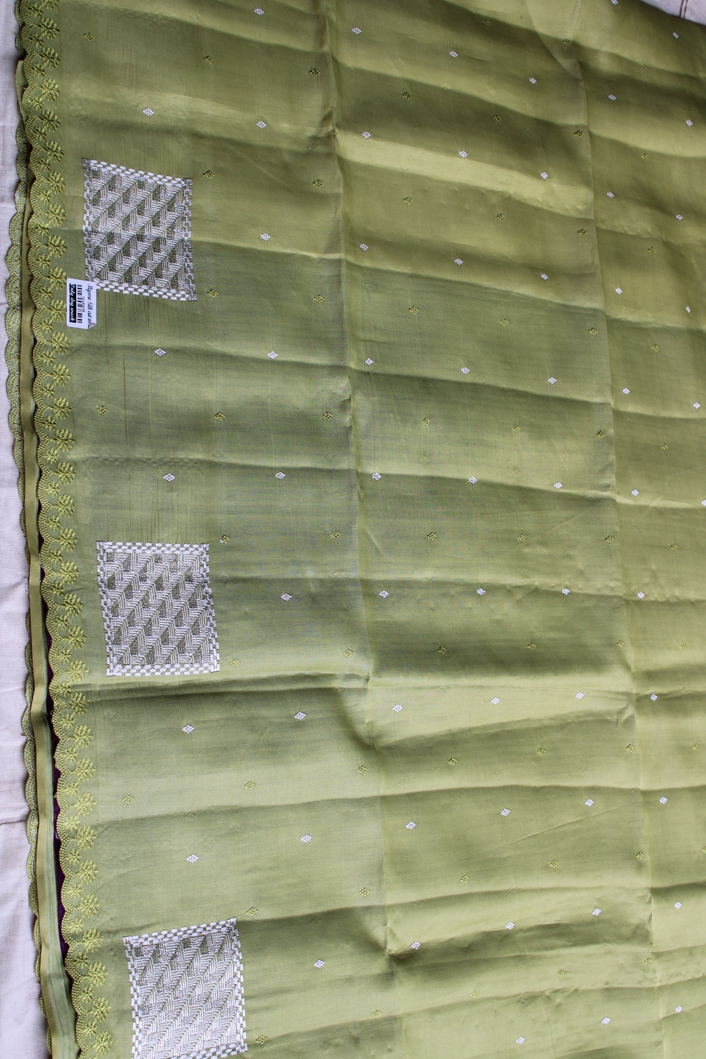 Green Soft Tusser Saree with geometric embroidery Contrast blouse