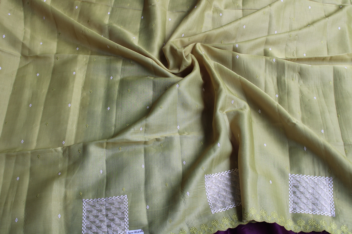 Green Soft Tusser Saree with geometric embroidery Contrast blouse
