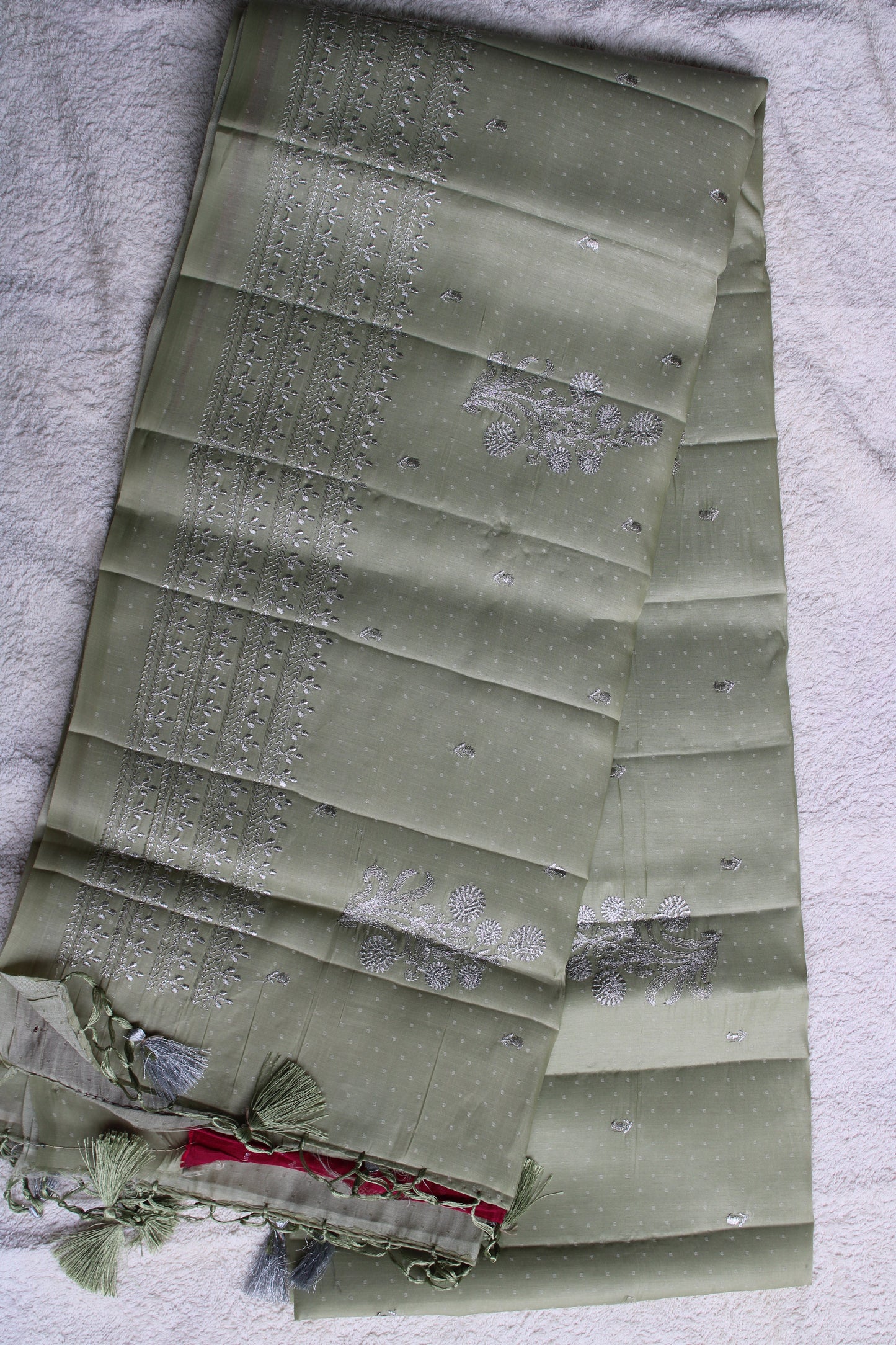 Green Dot Tusser saree with zari embroidery and contrast blouse