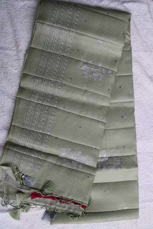 Green Dot Tusser saree with zari embroidery and contrast blouse