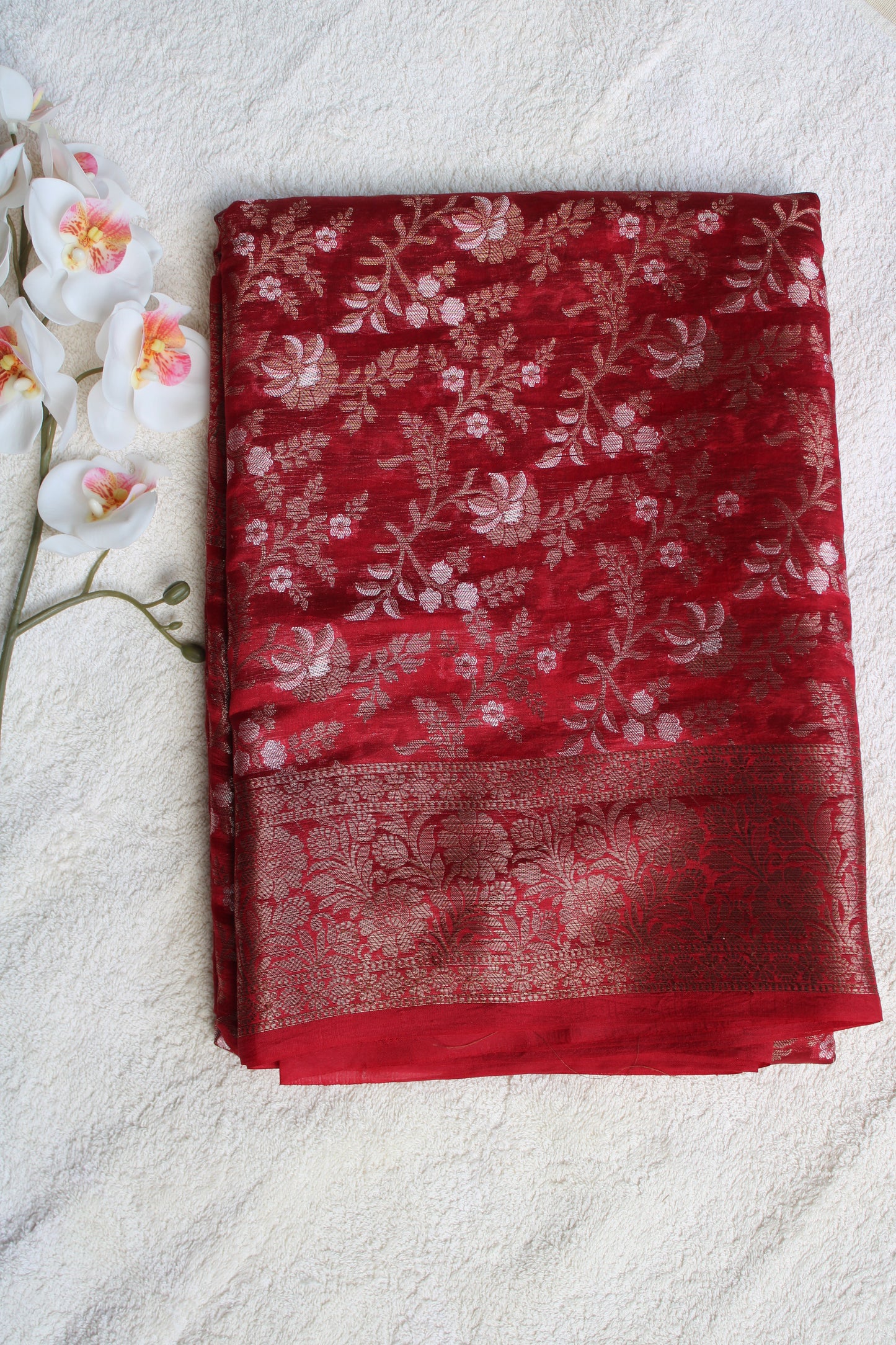 Red pure raw mango saree with silver and gold meenakari weaving