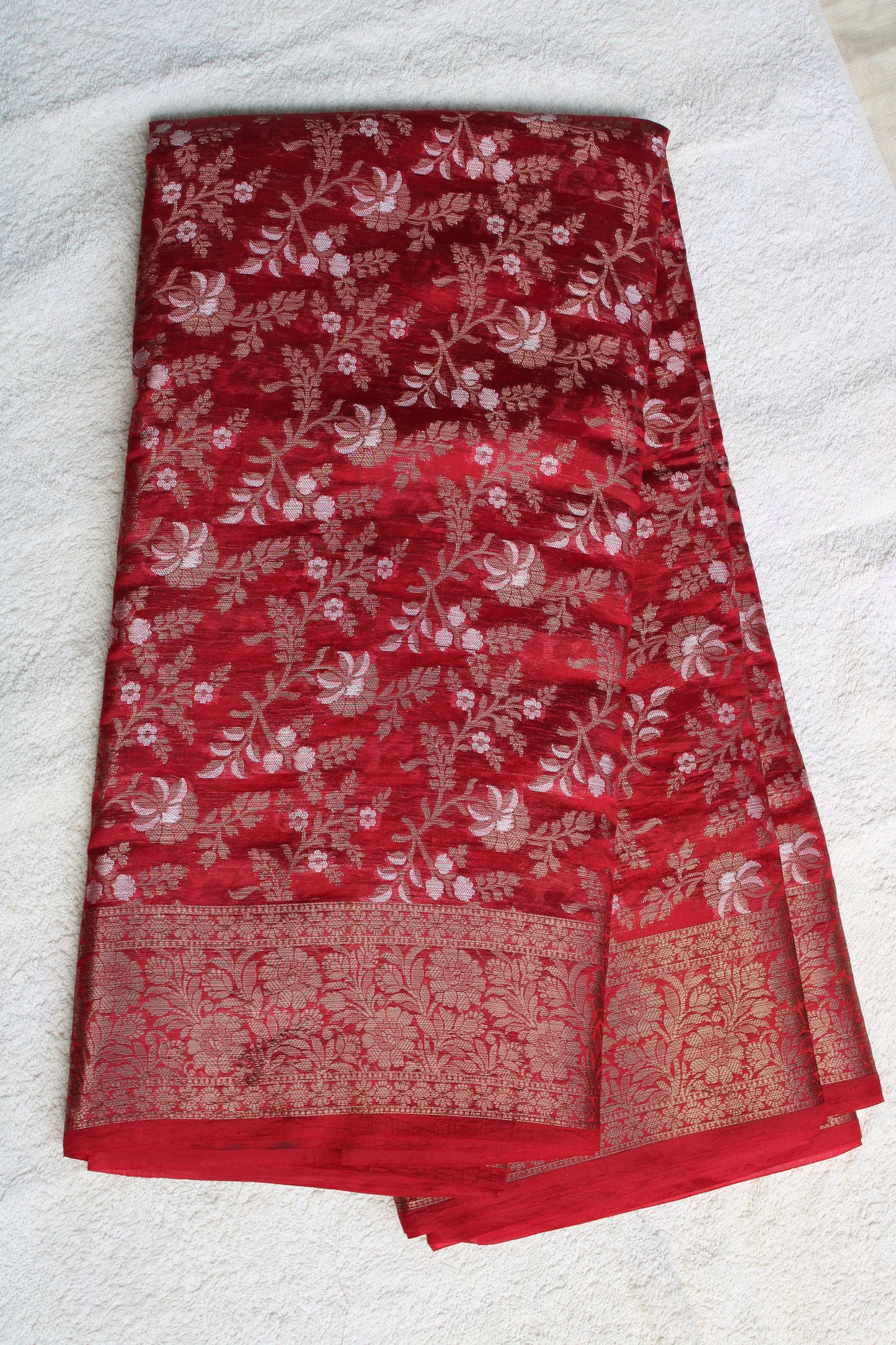 Red pure raw mango saree with silver and gold meenakari weaving