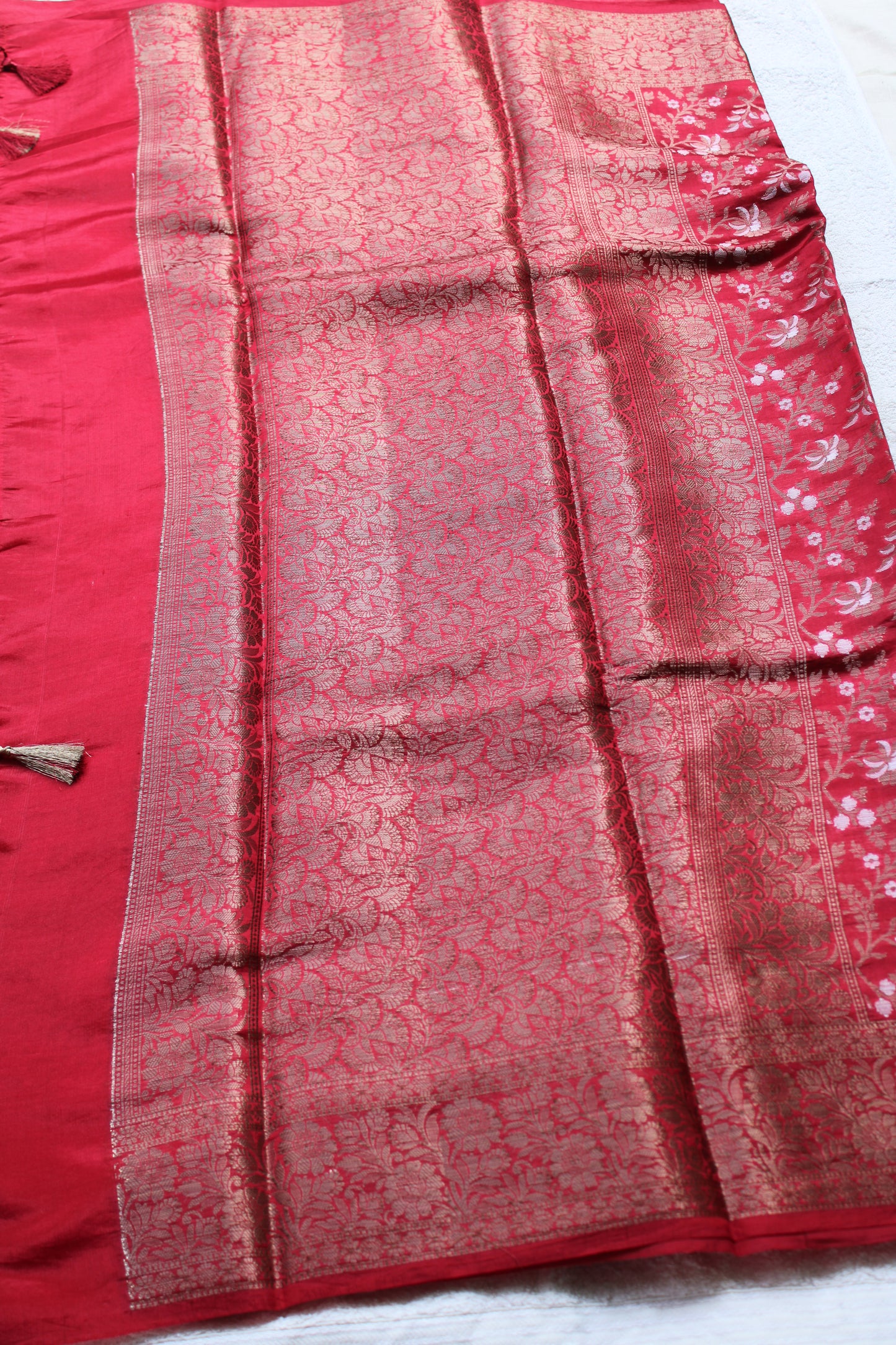 Red pure raw mango saree with silver and gold meenakari weaving