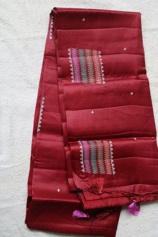Maroon Premium Dot Tusser saree with embroidery and contrast blouse