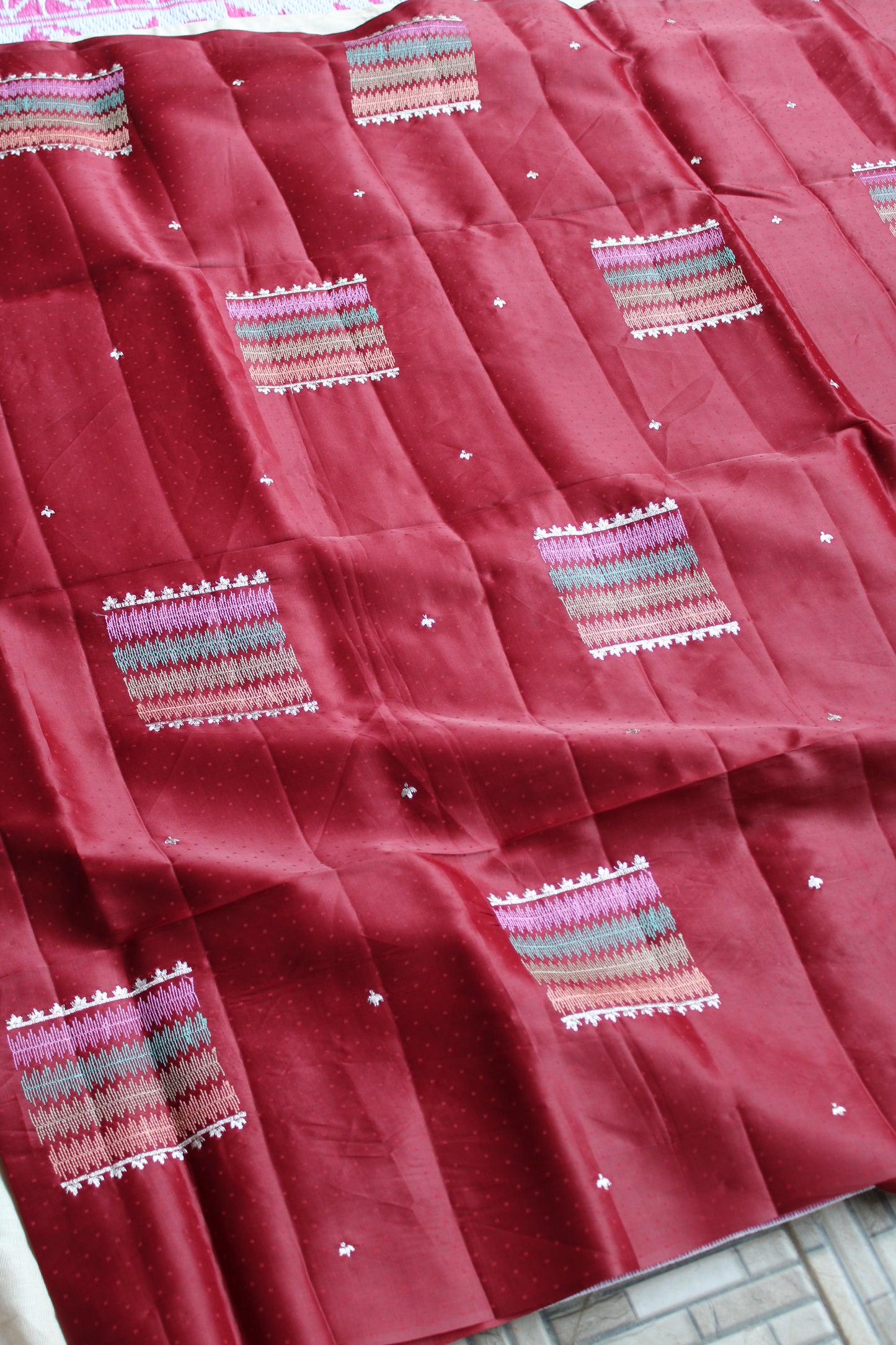 Maroon Premium Dot Tusser saree with embroidery and contrast blouse