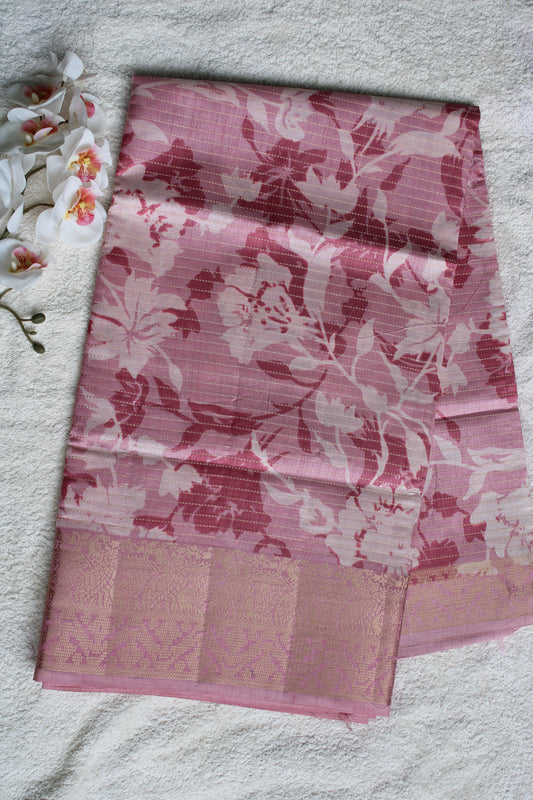Pink tusser saree with zari horizantal lines and zare border
