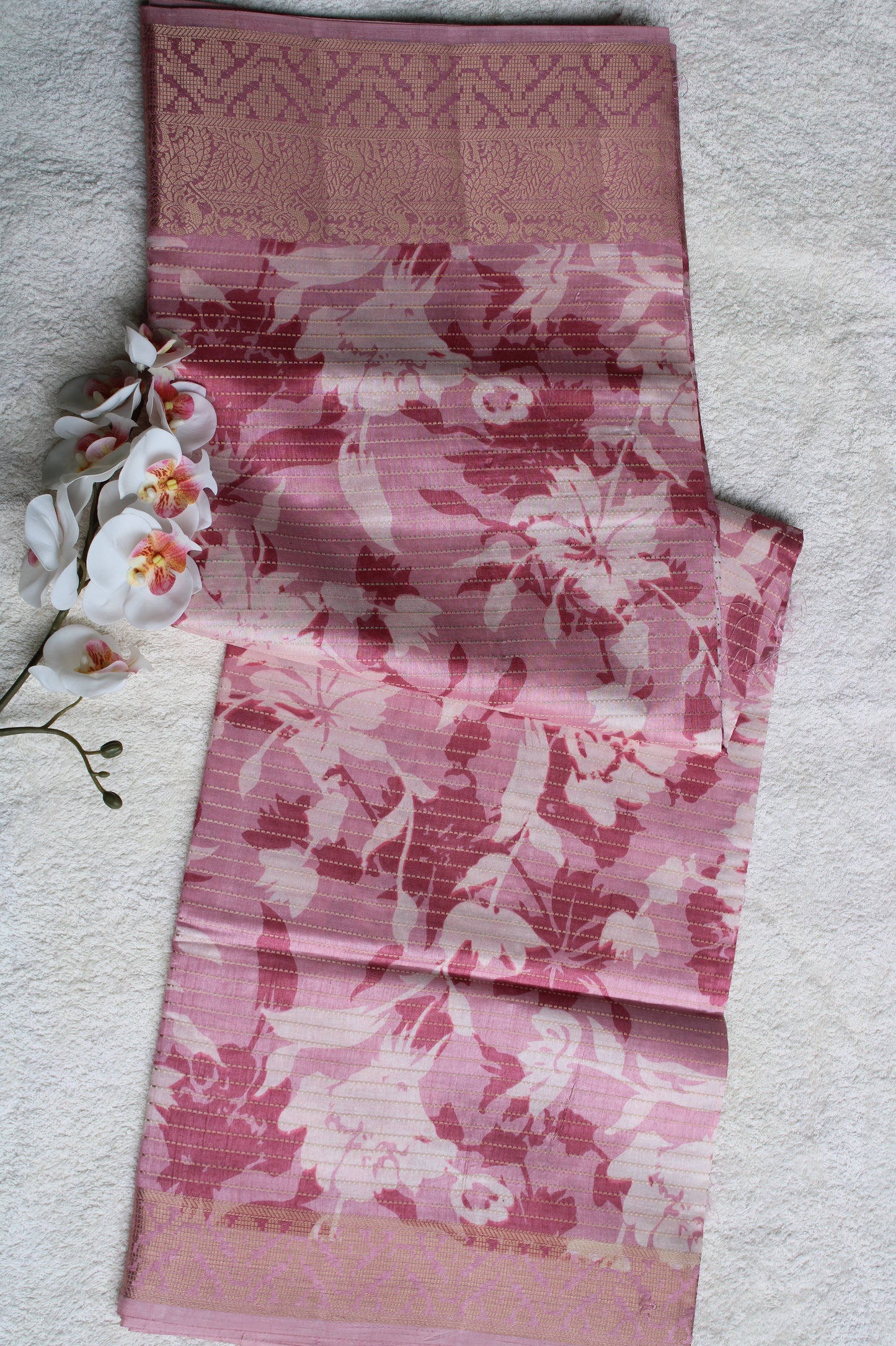 Pink tusser saree with zari horizantal lines and zare border