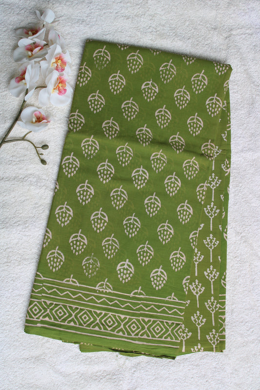 Green Mul cotton block printed saree with flower motifs