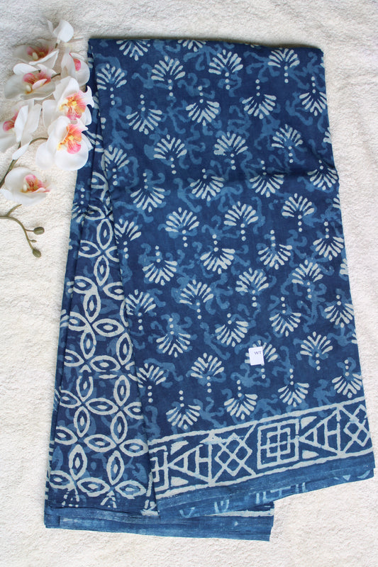 Indigo Blue Mul cotton saree wit block prints