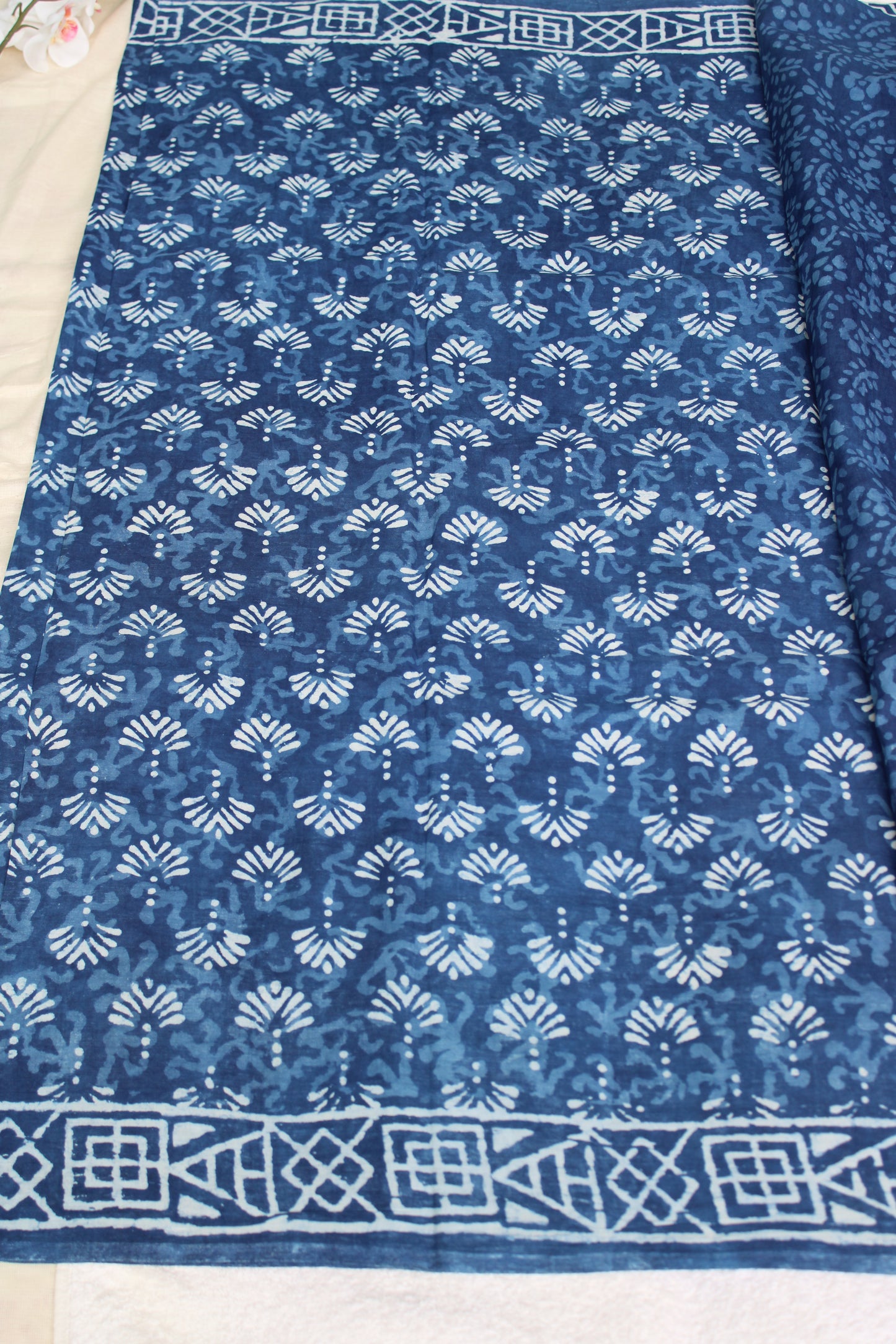 Indigo Blue Mul cotton saree wit block prints