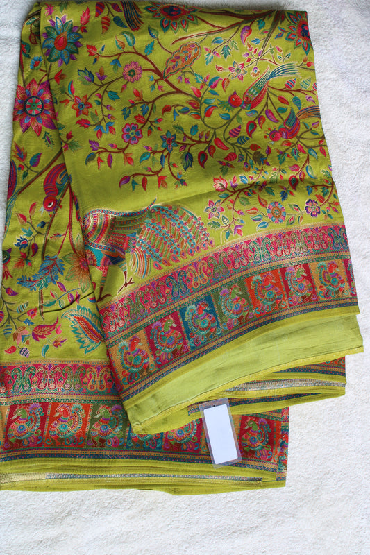 Green Pure kashmiri emporium saree with Peacock theme