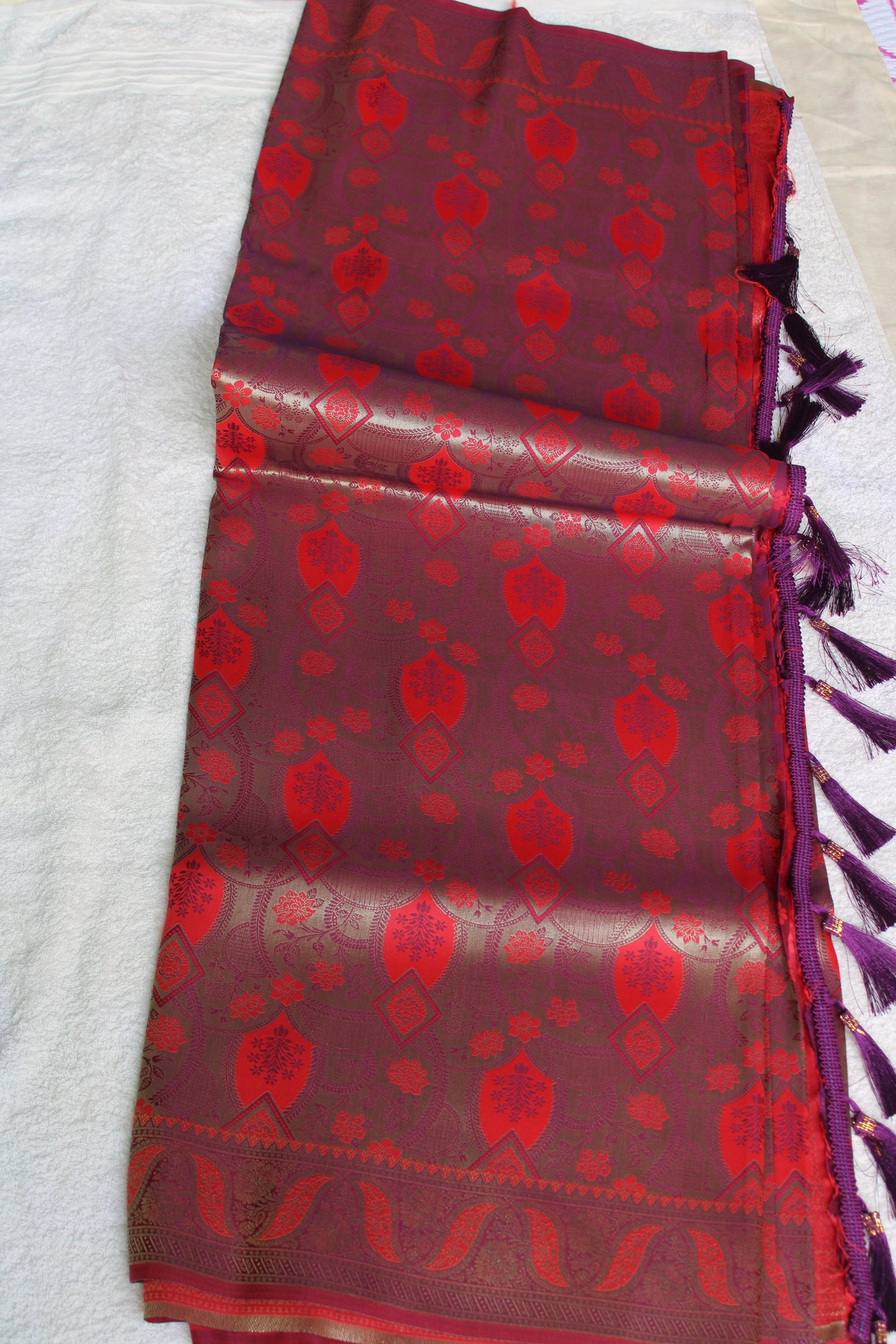 Red and Purple dual share Soft silk saree with allover design