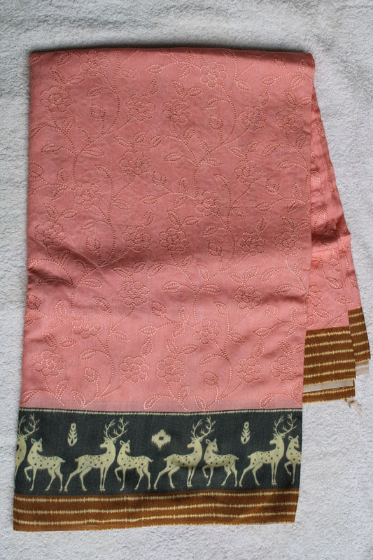 Peach Very soft Tusser crape saree with deer motifs border