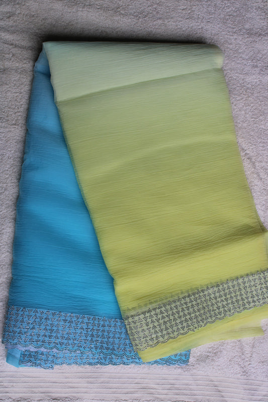 Blue and Yellow Crushed georgette shaded saree