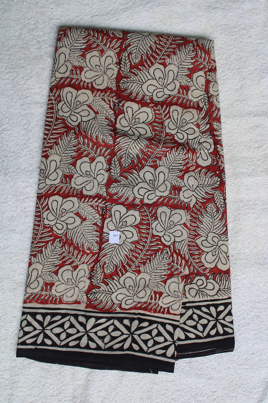 Beige with Red and black hand block printed Mul cotton saree