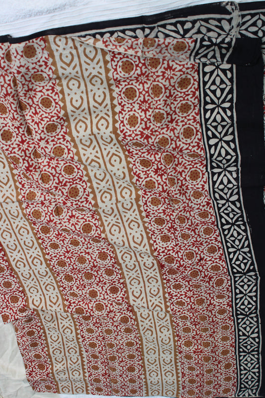 Beige with Red and black hand block printed Mul cotton saree
