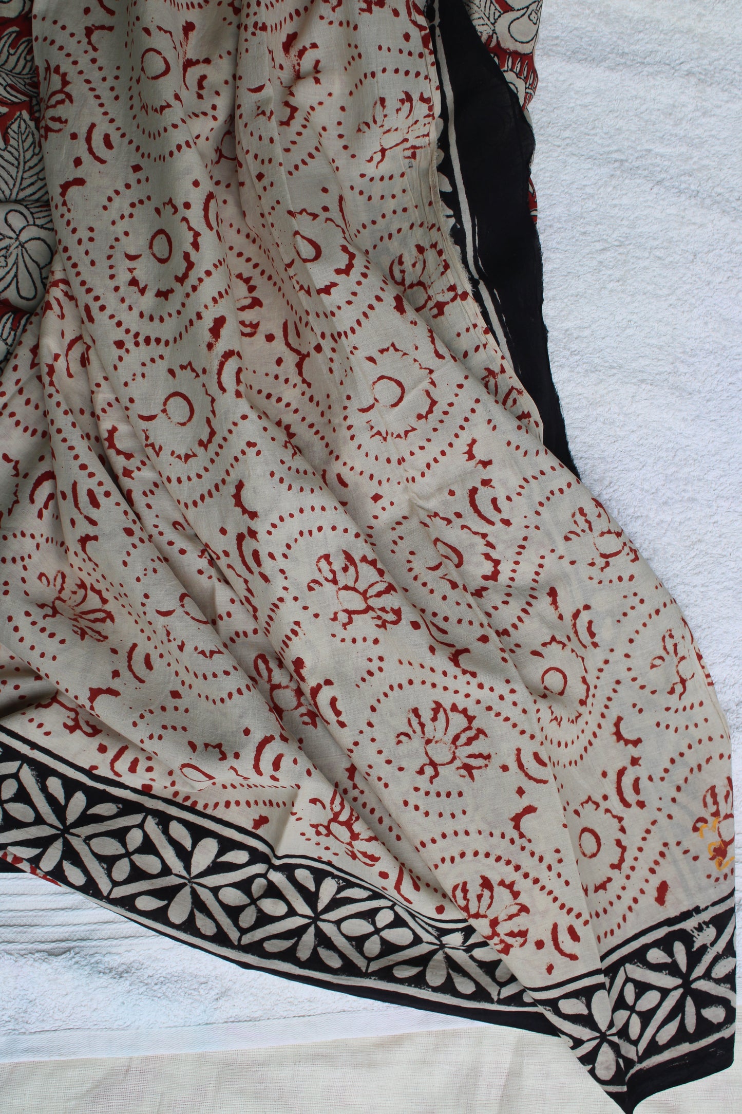 Beige with Red and black hand block printed Mul cotton saree