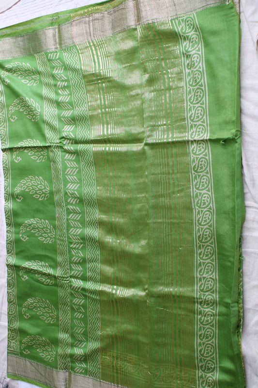 Green Maheshwari Art silk saree with block prints and zari border