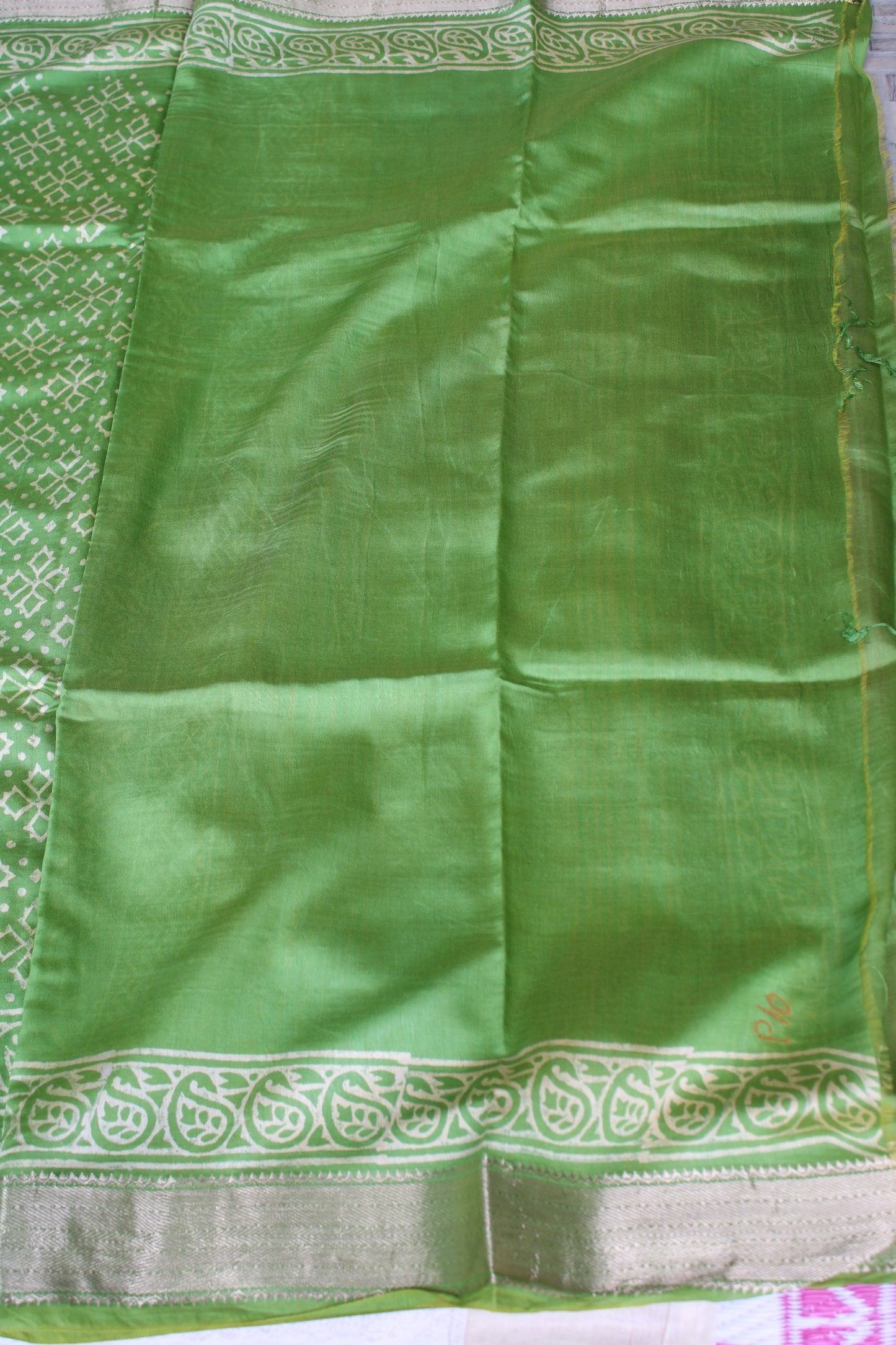 Green Maheshwari Art silk saree with block prints and zari border