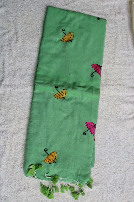 Green Kadhi cotton saree with unique umbrella Embroidery design