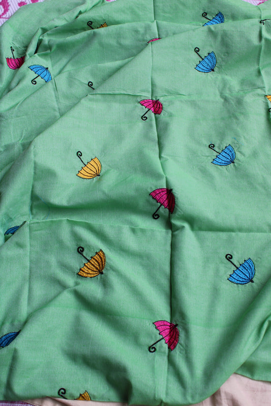 Green Kadhi cotton saree with unique umbrella Embroidery design