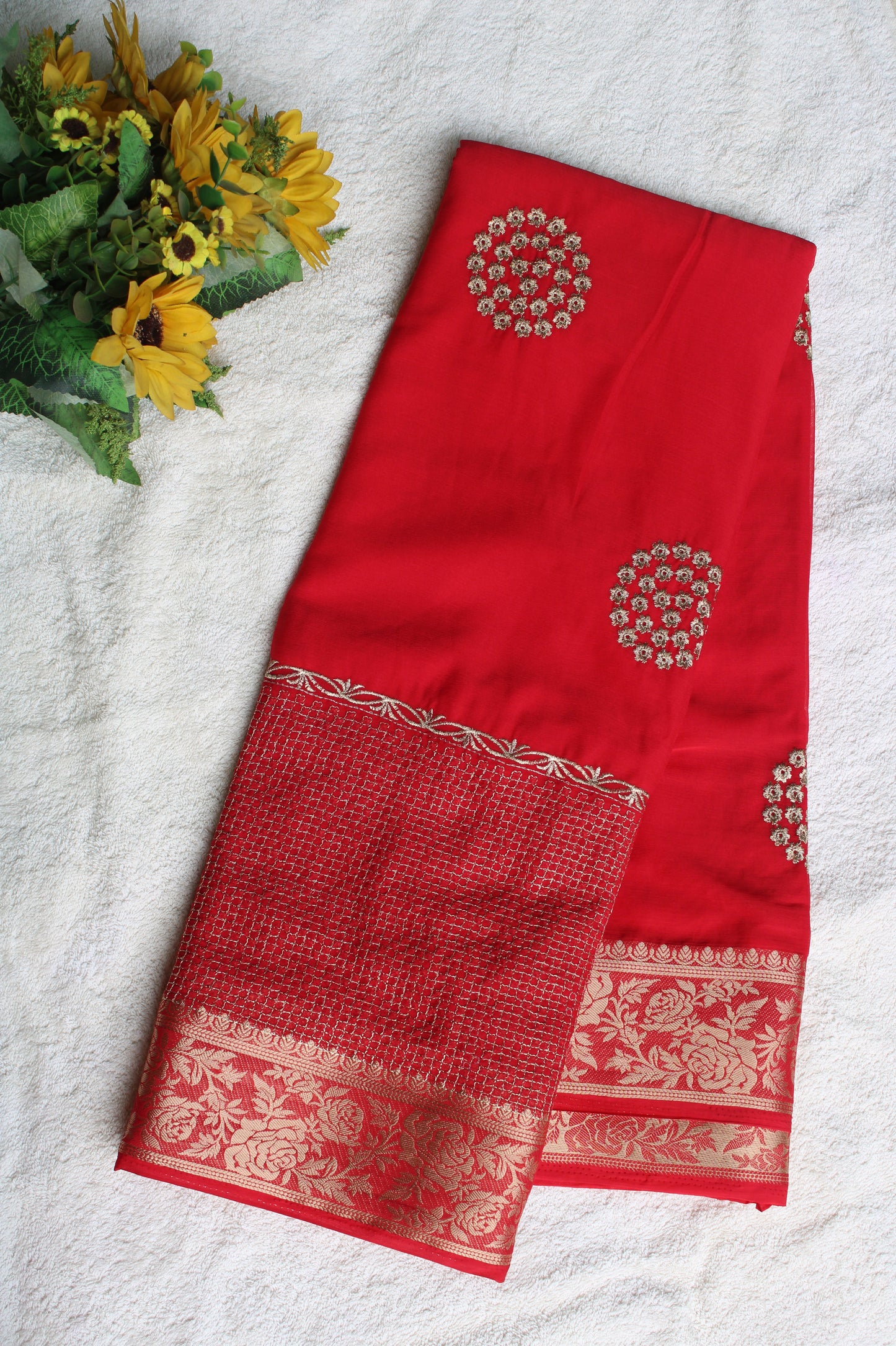 Red Double border viscous crape saree