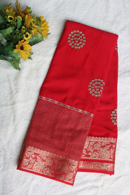 Red Double border viscous crape saree