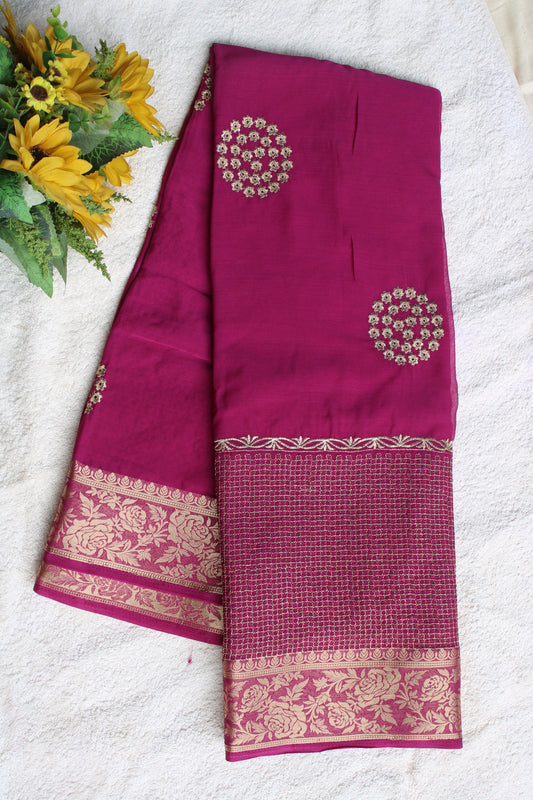 Majenta Double border viscous crape saree