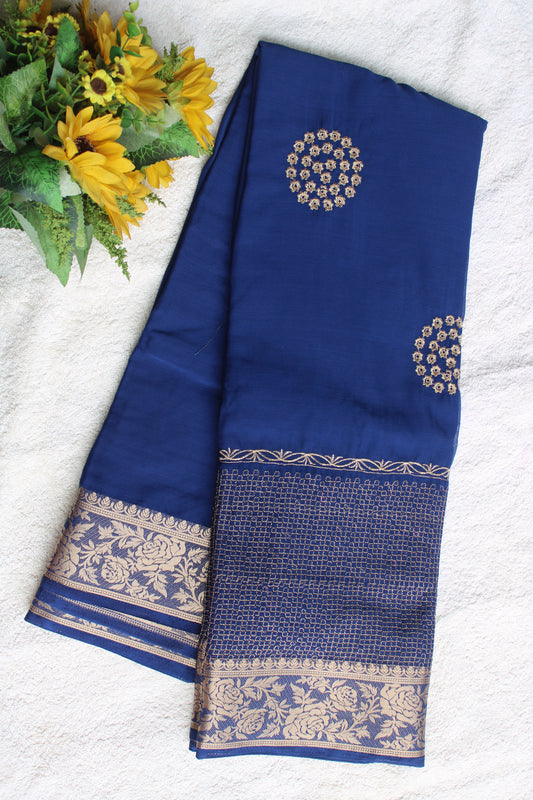 Ink Blue Double border viscous crape saree