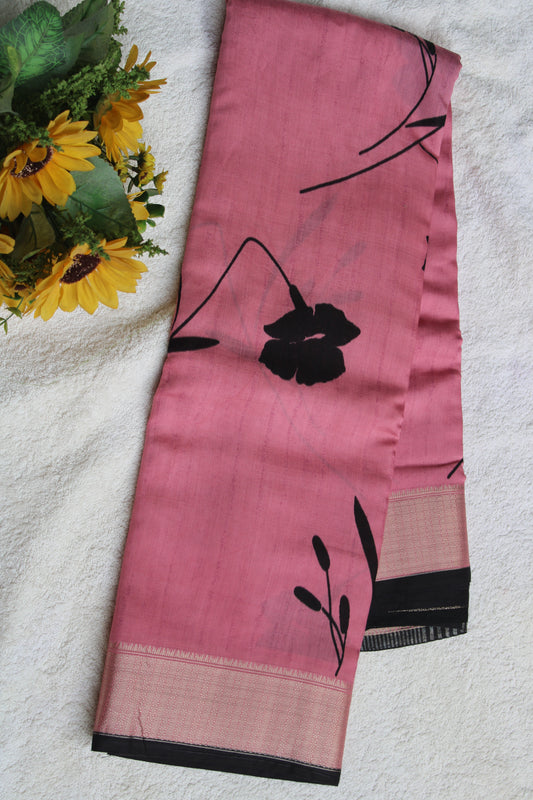 Pink Tussur Crape saree with floral design